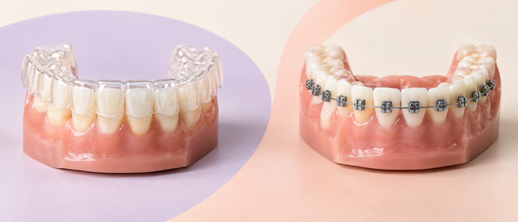 Clear aligner and traditional metal braces shown side by side